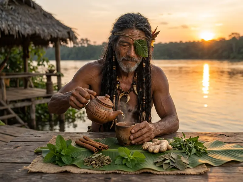 Preparing a cinnamon and ginger herbal tea by the river